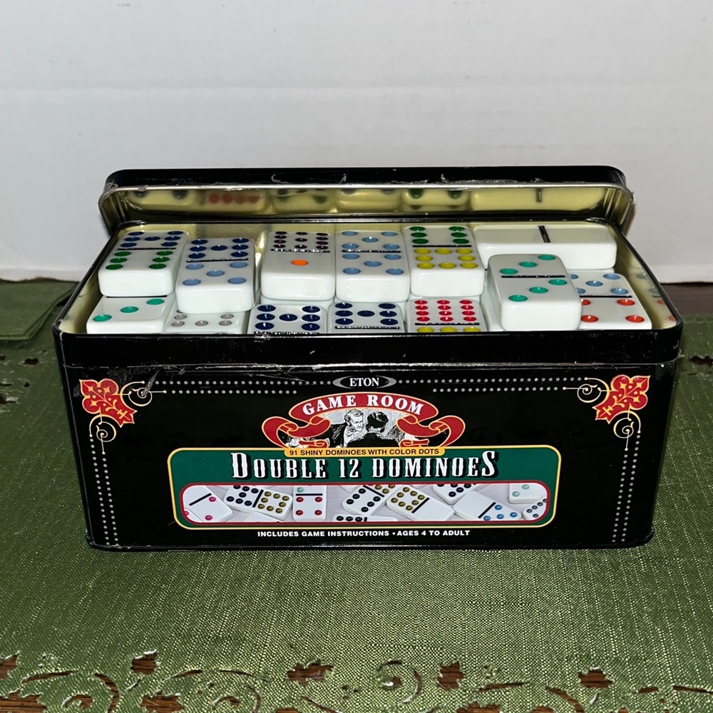 Eton Game Room Double 12 Dominoes Set - Black Tin with Colorful Dominoes